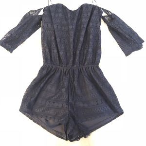 Navy Off-the-Shoulder Romper with Built-in Bandeau